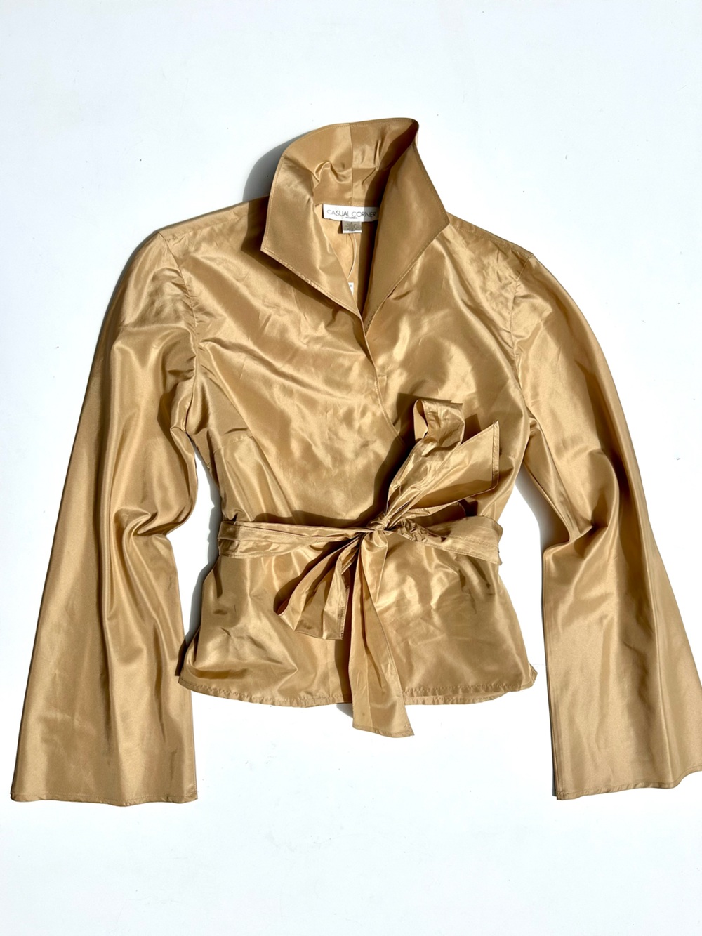 NWT 100% Silk Taffeta Casual Corner Champagne Beige Wrap Blouse, Belt, 8